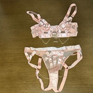 Honey Birdette Peachy Pink Strappy Gold Chain Lingerie Set